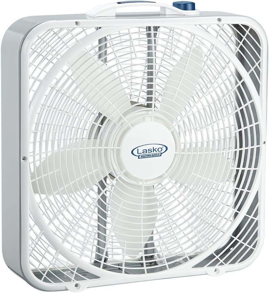 Amazon product: Lasko Weather-Shield Performance Box Fan, 3 Speeds, Innovative Wind Ring System for Up to 30% More Air for backyard studio construction