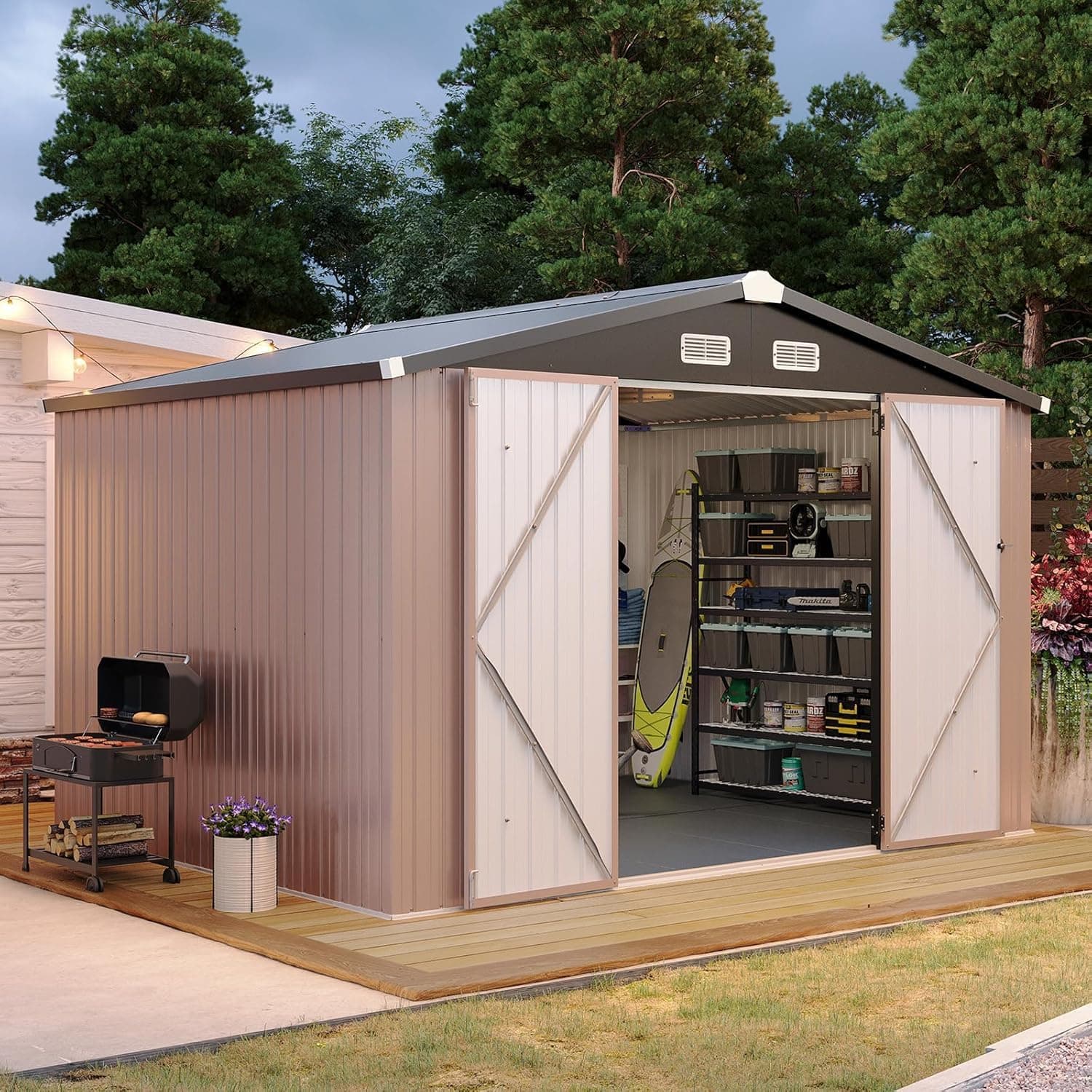 Amazon product: Aoxun 10x8 FT Galvanized Steel Outdoor Storage Shed - Metal Garden Shed with Double Doors, Thick Moisture-Proof Interlocking Floor for backyard studio construction